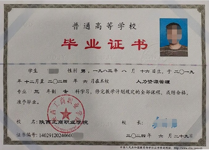 陕西工商职业学院2024年普通全日制专科毕业证书样本图片（人力资源管理）